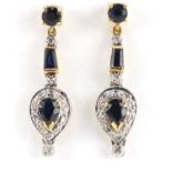 Pair of 18ct gold diamond and sapphire drop earrings, 2.5cm in length, 3.8g :For Further Condition