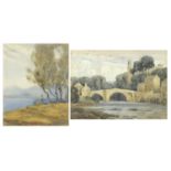 Bridge before ruins and figures before water, two watercolours, each bearing a signature Claude P