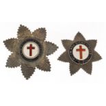 Two masonic silver and enamel Knights Templar badge/brooches, the largest 6.5cm in diameter, 66.