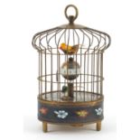 Brass automaton bird cage design alarm clock with enamel decoration, 22cm high :For Further