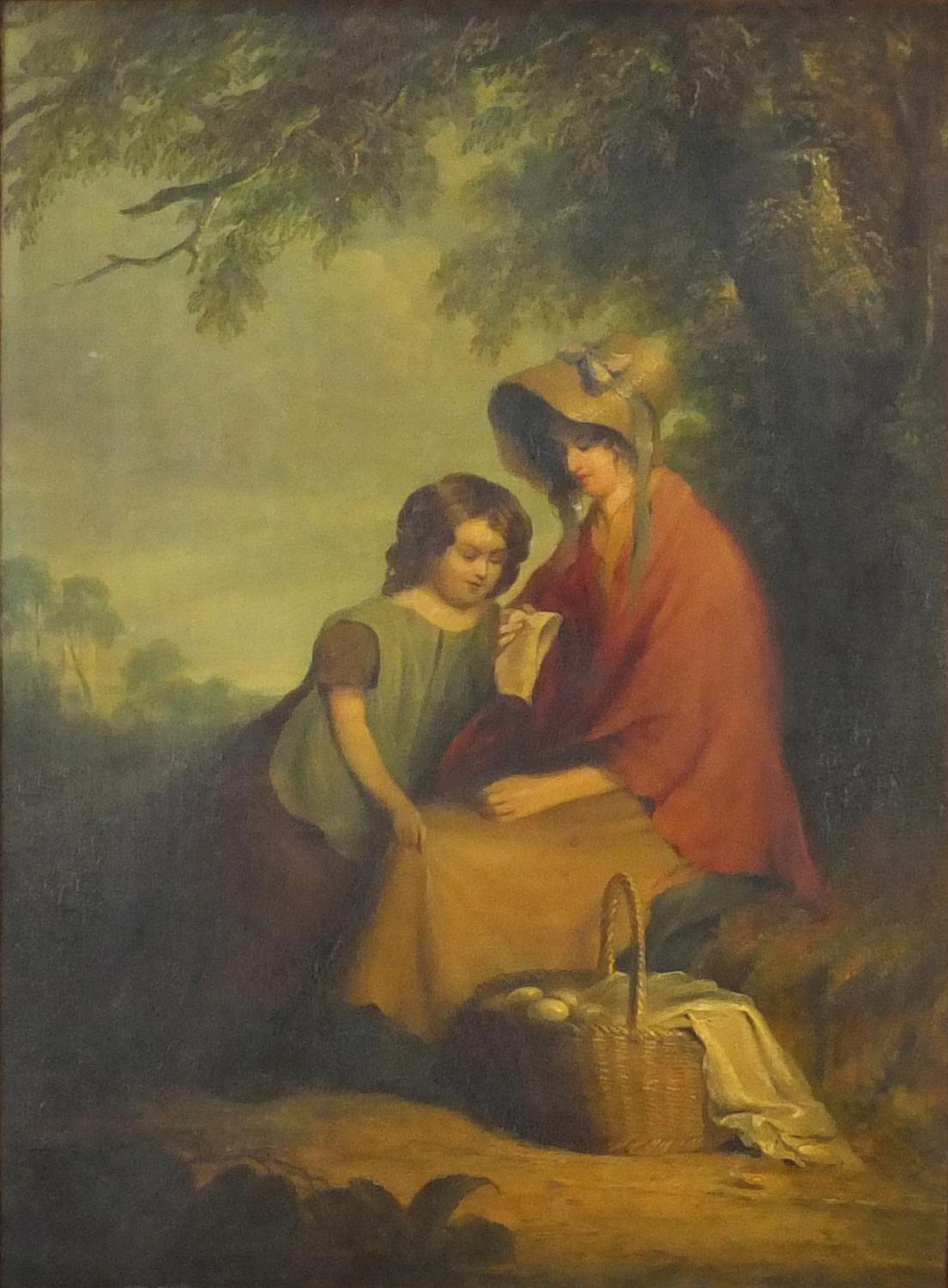 Attributed to Richard Westall RA - Mother and child in a landscape, 19th century oil on canvas,