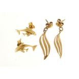 Pair of 9ct gold drop earrings and a pair of silver gilt dolphin earrings, the largest 3.5cm in