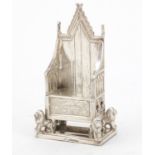 Miniature silver model of a throne chair with lion supports, indistinct hallmarks, 7.5cm high, 41.0g