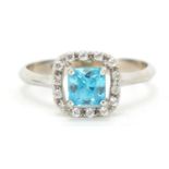 Art Deco style 18ct white gold diamond and blue stone ring, size M, 2.9g :For Further Condition