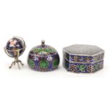 Italian 925 silver miniature globe and two silver and enamel boxes, the largest 4.3cm wide, 64.0g :