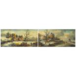 Dutch snowy winter landscapes, pair of oil on boards, framed, each 29cm x 13.5cm :For Further