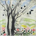Manner of Joan Miro - Abstract composition, trees, handpainted ceramic tile, stamp verso, framed and