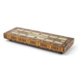 Masonic interest inlaid wood cribbage board with cork and ivory markers, 29.5cm x 10.5cm :For