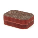 Chinese cinnabar laquer box and cover carved with figures in a landscape, 6.5cm H x 18.5cm W x