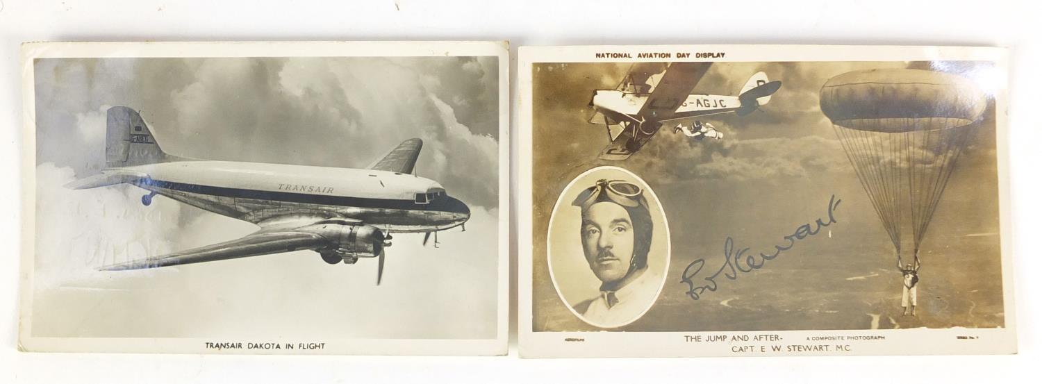 Two aviation postcards including Captain E W Stewart, titled The Jump and After :For Further