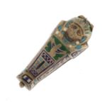Egyptian Revival unmarked silver and enamel Tutankhamun pendant, opening to reveal an enamelled
