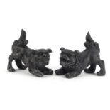 Pair of Chinese patinated bronze Foo dogs, each 16cm in length :For Further Condition Reports Please