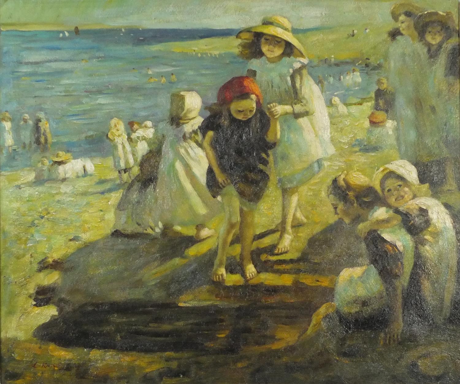 Manner of Laura Knight - Figures on a beach, modern British oil on board, framed, 59.5cm x 49.5cm :