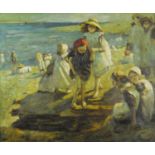 Manner of Laura Knight - Figures on a beach, modern British oil on board, framed, 59.5cm x 49.5cm :