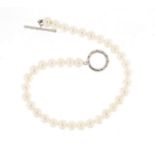 Pearl bracelet with 9ct white gold and diamond clasp, 18cm in length, 8.0g :For Further Condition