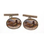 Pair of silver and enamel cuff links, depicting pheasants, London AN maker's mark, 1.8cm wide, 8.