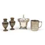 Metalware including a WMF mug and pair of champelvé enamel vases, the largest 12cm high :For Further