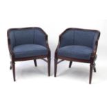 Pair of French style mahogany framed tub chairs with blue upholstery, each 73cm high :For Further