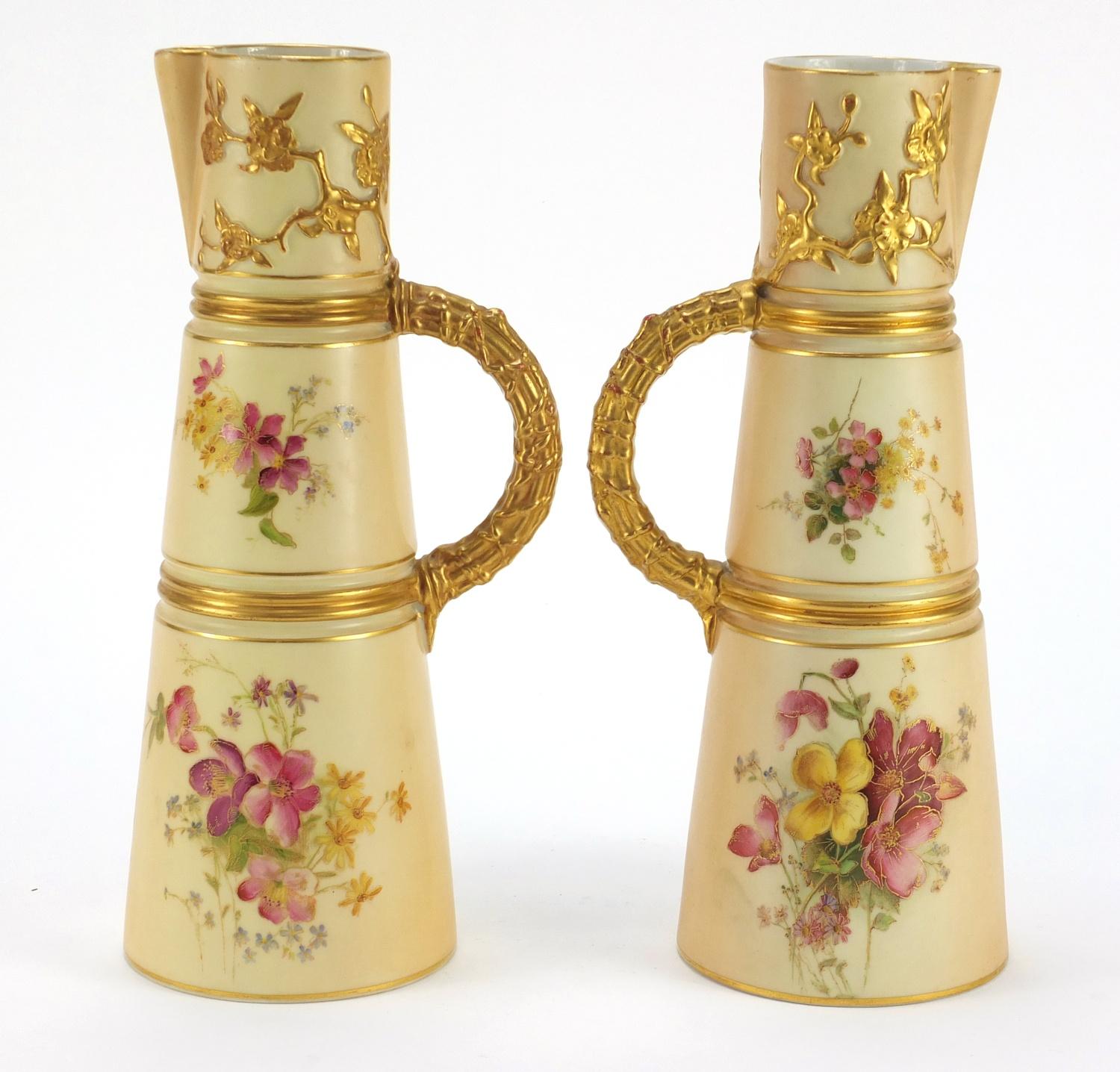 Pair of Royal Worcester blush ivory jugs with tapering bodies, each hand painted and gilded with - Image 4 of 8
