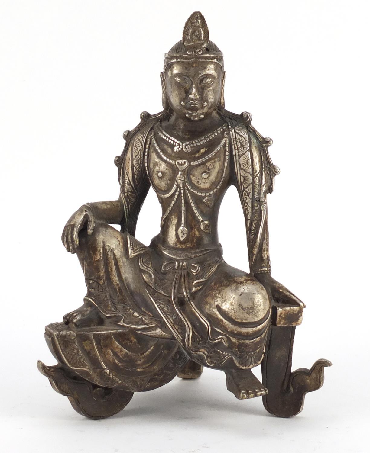 Chinese silver coloured metal figure of a deity, 23.5cm high :For Further Condition Reports Please
