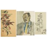 Portrait of a man smoking and still life, three ink and watercolours, one inscribed Hilda