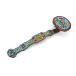 Chinese patinated bronze and cloisonne sceptre, enamelled with bats, character marks to the base,