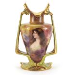 Large Art Nouveau Royal Bonn vase with twin handles, finely hand painted with a portrait of a maiden