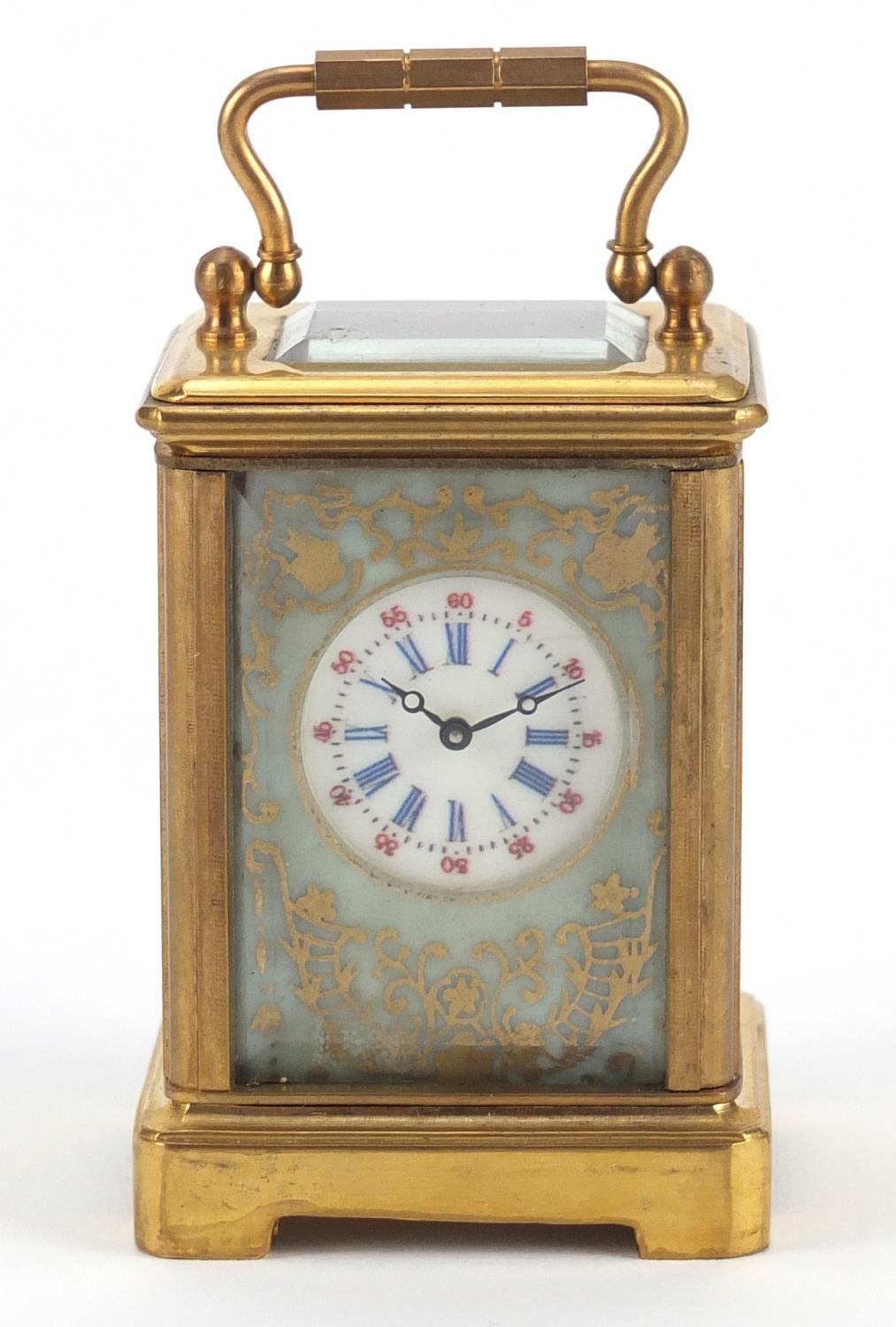 Miniature brass cased carriage clock with porcelain panels, hand painted and gilded with flowers, - Image 2 of 8