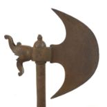 Indo-Persian steel axe (Tabar) engraved with figures and scripts, 77.5cm in length :For Further