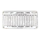 Lamp lighting time perpetual indicator enamel plaque by Royal Letters Patent, 15cm x 7.5cm :For