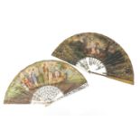 Two 19th century fans with mother of pearl sticks having silver inlay, each hand painted with