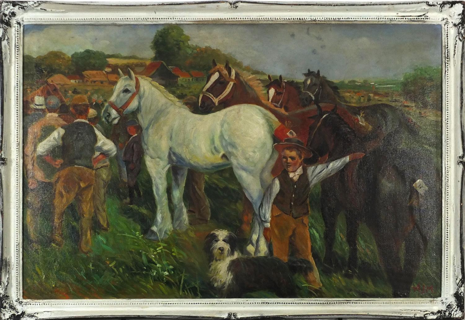 After Alfred Munnings - Horses in a field with figures, oil on board, framed, 90cm x 60cm :For - Image 2 of 4