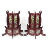 Pair of Chinese carved wood hanging lanterns with panels, each decorated with landscapes, 75cm