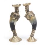 Pair of horn candlesticks with white metal mounts, 22.5cm high : For Condition Reports Please