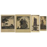 C A Wilkinson - Boats, trees and a windmill, four pencil signed woodblock prints, each mounted,