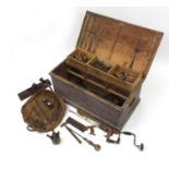 Victorian pine tool chest housing Victorian and later tools including planes, saws and chisels : For