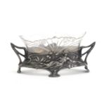 Art Nouveau pewter and cut glass salt by WMF, 13cm wide : For Condition Reports Please Visit Our