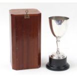 Large silver plated uninscribed sporting trophy with original mahogany carrying box, 34cm high : For