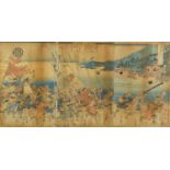 19th century Japanese triptych woodblock print depicting warriors with calligraphy, framed, 72cm x