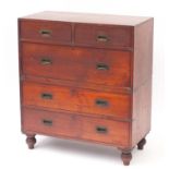 Victorian mahogany five drawer campaign chest with brass strapping and inset handles, one drawer