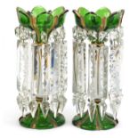 Pair of 19th century Bohemian white overlaid green glass lustres with drops, each 31.5cm high :
