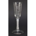 18th century ale glass with opaque twist stem, the ogee bowl engraved with crops and barley, 19cm