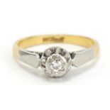 18ct gold diamond solitaire ring housed in a Sanders tooled leather box, size N, 3.6g, : For