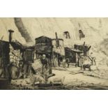 Gypsy encampment, etching, indistinctly pencil signed, mounted, framed and glazed, 43cm x 30cm : For