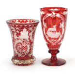 19th century Bohemian ruby flashed glass vase and goblet, each etched with deer, the largest 15.