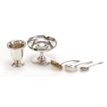 Silver and white metal objects including a pedestal bon bon dish and two spoons, the largest 7.5cm