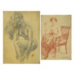 The female form, pencil of a nude female and sanguine chalk of a female in a chair signed Sentein,