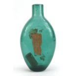 16th century Spanish green glass bottle with inscribed paper label, 21.5cm in length : For Condition