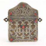 Moroccan mixed metal Quran holder with red stones, 15cm high : For Condition Reports Please Visit