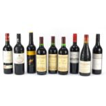 Nine bottles of red wine including Chateau Neuf du Pape, Yellow Tail Shiraz, Padthaway Shiraz